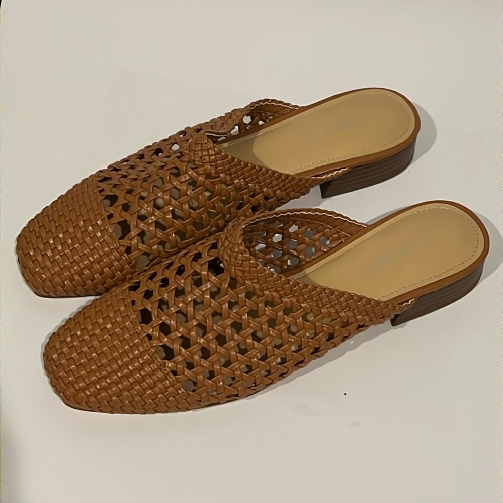 Nine West Mules Heel Brown Woven Cut Out Slip On Low
